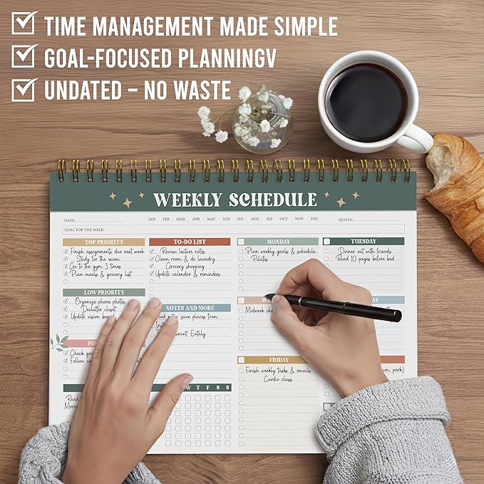 Weekly To Do List Notepad (8.5x11") – 52 Undated Weekly Planner Spiral Bound - Large Weekly Planner Desk Pad for Work, School & Home, Simple Productivity Organizer (Modern Boho)