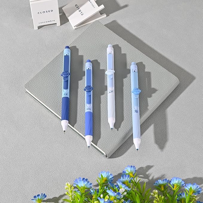 8 Pcs Cute Erasable Gel Pens with Erasers, 0.5 mm Fine Point Black & Blue Ink Pens, Smooth Writing Retractable Pen for Note Taking and Crossword Puzzles (Blue)