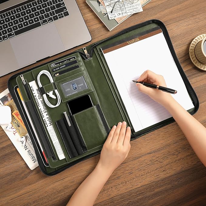 Personalized Leather Portfolio for Men, Business Padfolio with Zipper, Vegan Leather Folio with A4 Writing Pad Holder Organizer for Resume, Interview, Custom Portfolio - Green