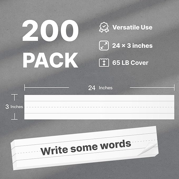 100 Pack Sentence Strips for Classroom, Chart Paper for Teacher Supplies, Lined Paper Borders for Classroom, Bulletin Board, 3 x 24 Inches (White)