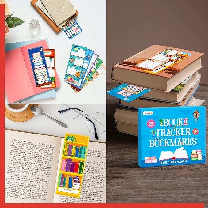120 PCS Book Tracker Bookmarks, 30 Bookshelf Designs Double Sided Reading Page Markers Reading List Bookmarks for Kids, Adults, Students, Book Lovers All Ages (2.4” x 6.1”)