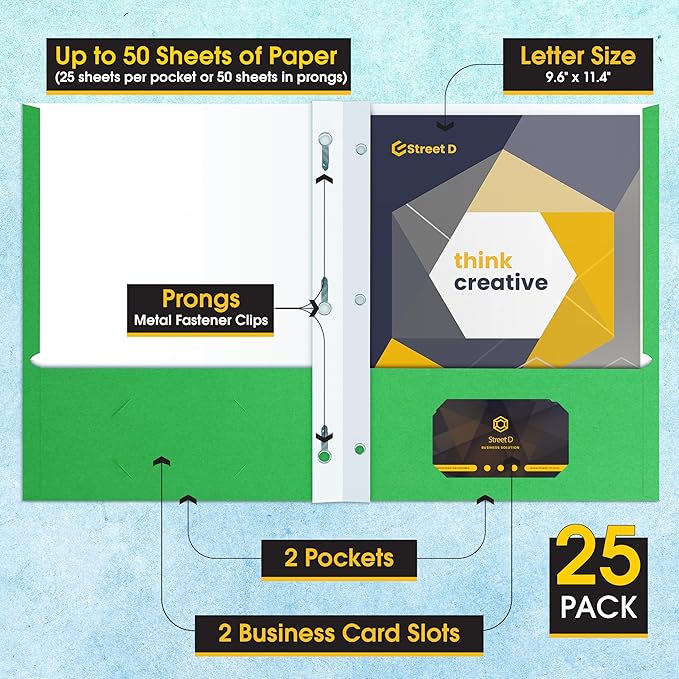 2 Pocket Portfolio Folders with Prongs (Metal Fastener Clips), 25 Pack, Cool Trendy Colors, Fits Letter Size Paper, for School, Office, Home, Matte Finish (Neon Green)