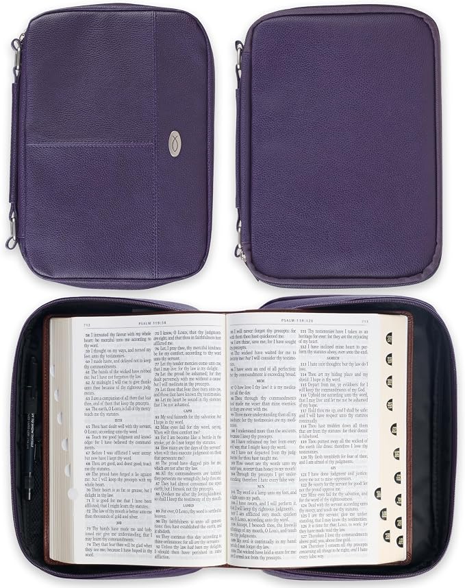 Christian Art Gifts Inspirational Vegan Leather Two-fold Organizer Bible Cover for Women, Jesus Fish Badge, Sturdy Carry Handle, Pen Loops, Pockets, Pen/Highlighter Combo & Notepad, Purple, XL