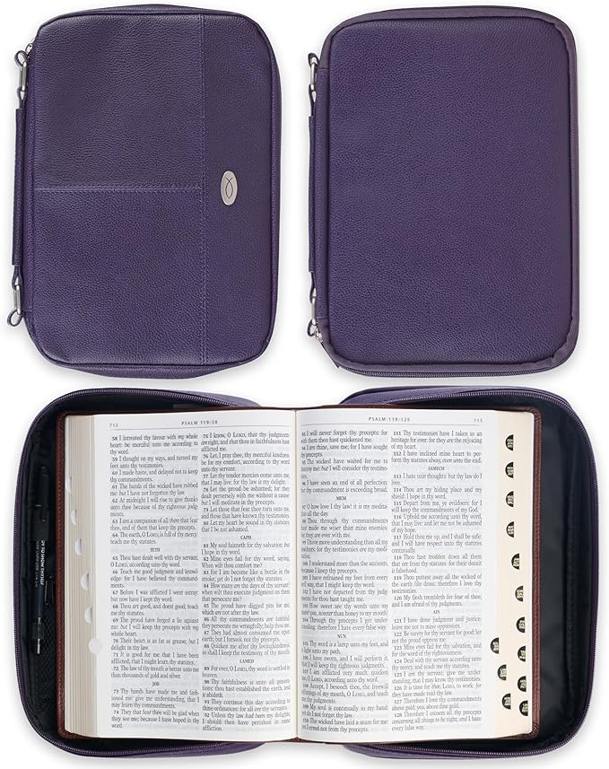Christian Art Gifts Inspirational Vegan Leather Two-fold Organizer Bible Cover for Women, Jesus Fish Badge, Sturdy Carry Handle, Pen Loops, Pockets, Pen/Highlighter Combo & Notepad, Purple, Large
