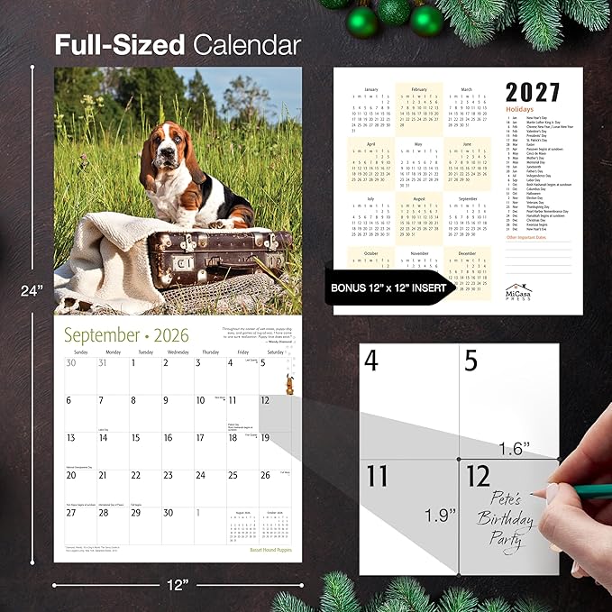 MICASA PRESS Basset Hound Puppies 2026 Wall Calendar 12 Month | 12" x 24" Open | Thick & Sturdy Paper | Giftable | Cute Puppy Dog Calendar 2026