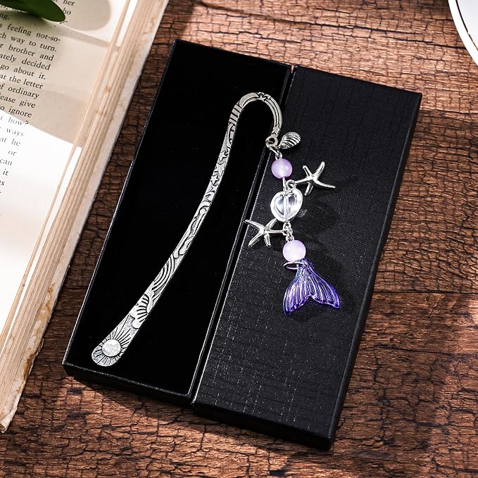 Fantasy Fish Tail Bookmark - Charm Purple Aesthetic Book Marks Cute Silver Chain Pendant Tassel Metal Bookmarks Reading Women Girls Kids Students Teachers Thank Valentines Gift Accessories