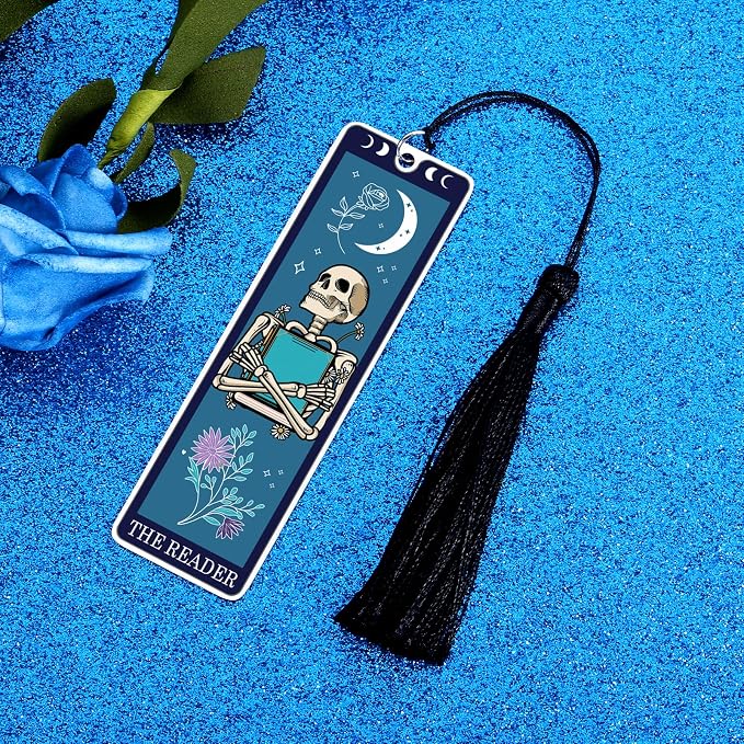 Halloween Spooky Bookmarks Basket Stuffers for Women Unique Skull Tarot Card Bookmark for Book Lovers Halloween Boo Basket Stuffers for Him Tarot Metal Bookmark with Tassels, Funny Christmas Bookmarks