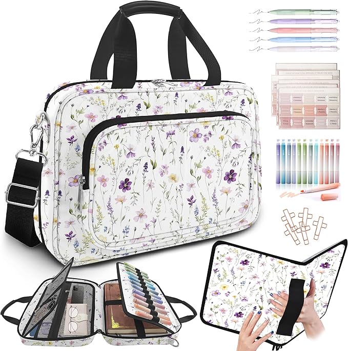 Floral Bible Cover for Women,Bible Carrying Case for Girls,Large Bible Bag for Woman Organizer,White Flower Bible Holder,Bible Study Supplies Kit with Highlighters,Tabs,Pens,Christian Gift