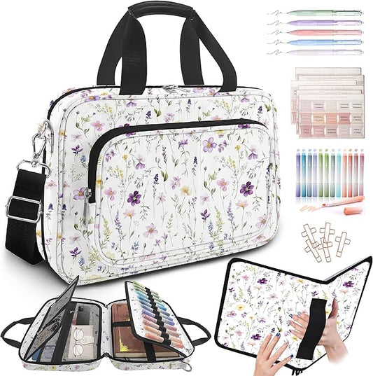 Floral Bible Cover for Women,Bible Carrying Case for Girls,Large Bible Bag for Woman Organizer,White Flower Bible Holder,Bible Study Supplies Kit with Highlighters,Tabs,Pens,Christian Gift