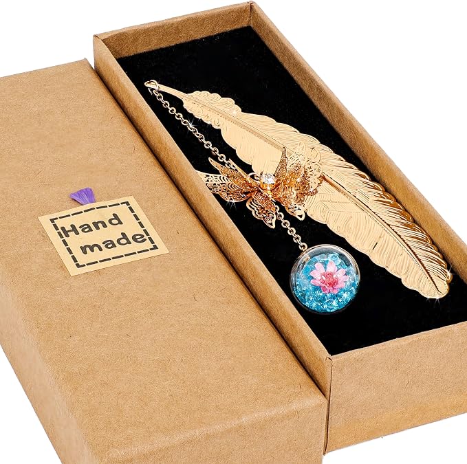 Teacher Retirement Gifts - Metal Feather Bookmark with 3D Butterfly & Real Dried Flower Pendant - Bookmark for Women & Book Lovers Under 10 Dollars - Gift Box Included