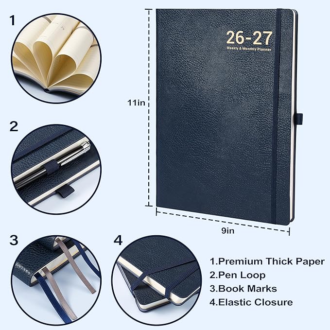 Planner 2026-2027 - Weekly and Monthly Planner, Academic Planner 2026-2027, JUL 2026 - JUN 2027, 8.5" x 11", Leather Cover 26-27 Planners with Thick Paper, Back Pocket with Notes Pages - Blue