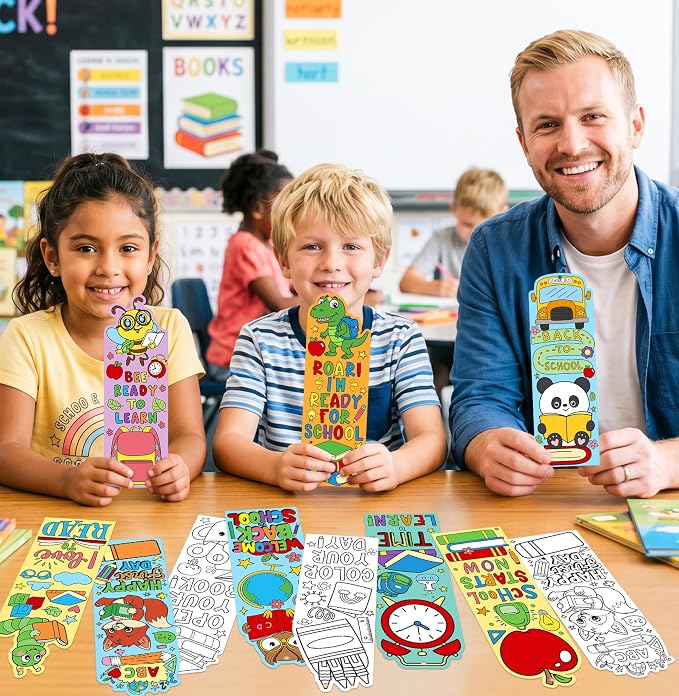100Pcs Back to School Color Your Own Bookmarks Cute Apple Pencil Bus Animal DIY Coloring Blank Bookmarks with Ribbon Art Crafts Supplies Classroom Rewards Gifts Party Favors for Kids Students Teachers