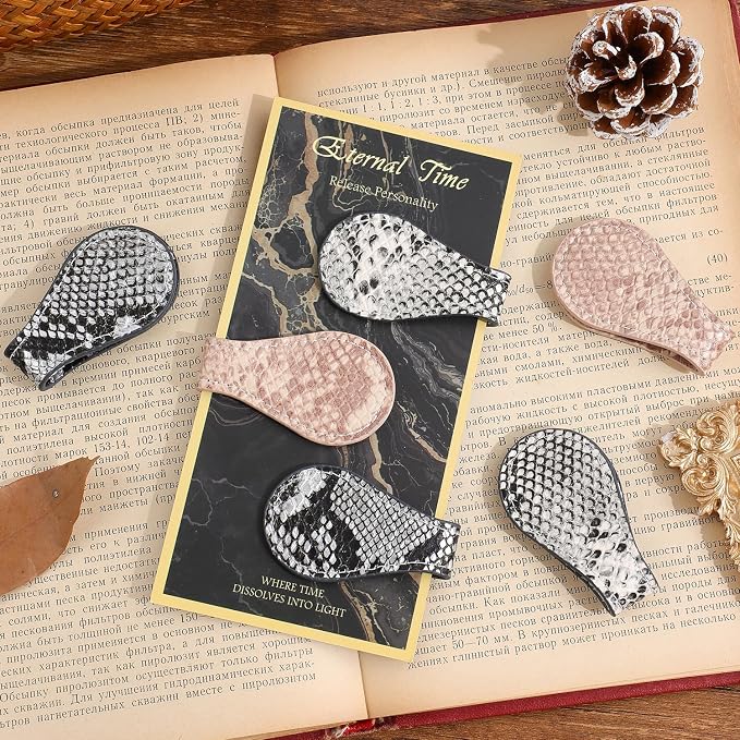 3PCS Vintage Magnetic Leather Bookmark, Leather Magnetic Bookmarks for Women, Magnetic PU Bookmarks Clip Book Accessories, Snakeskin Pattern