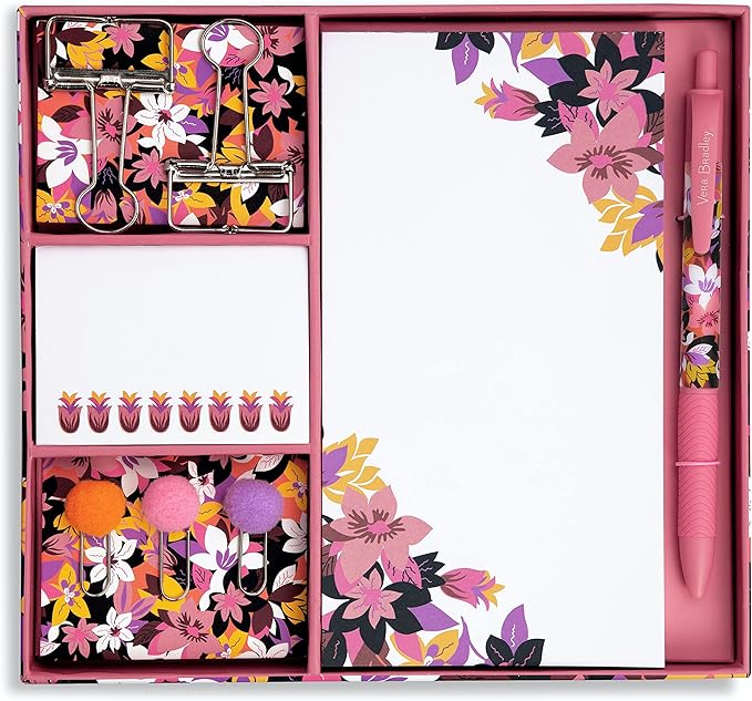Vera Bradley Office/School Supplies Set with Storage Box, Desk Organizer Includes Paper Clips, Binder Clips, Sticky Notes, Ballpoint Pen, and Notepad, Rosa Floral
