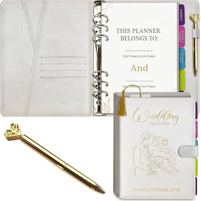 Future Mrs. Wedding Planner Book – White PU Leather with Gold Stamped Cover – Includes Gold Heart Pen & Bookmark – 7.25” x 9” Bridal Organizer for Budget, Guests, Vendors, Honeymoon & Wedding Day