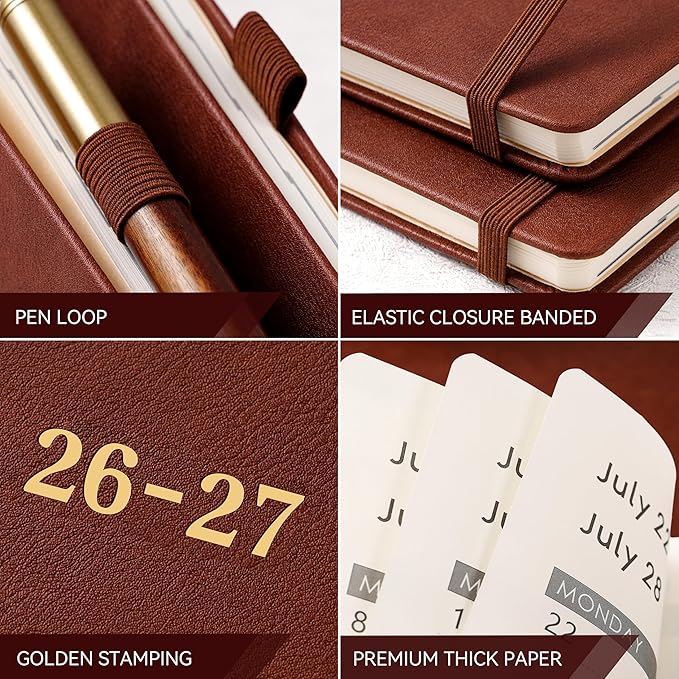 Vondafe 2026-2027 Planner - Weekly and Monthly Planner 2026-2027, Jul. 2026 - Jun. 2027, 9" x 11", 26-27 Calendar Planner with Inner Pocket + Elastic Closure + Pen Loop + Bookmarks, Leather Hardcover - Brown