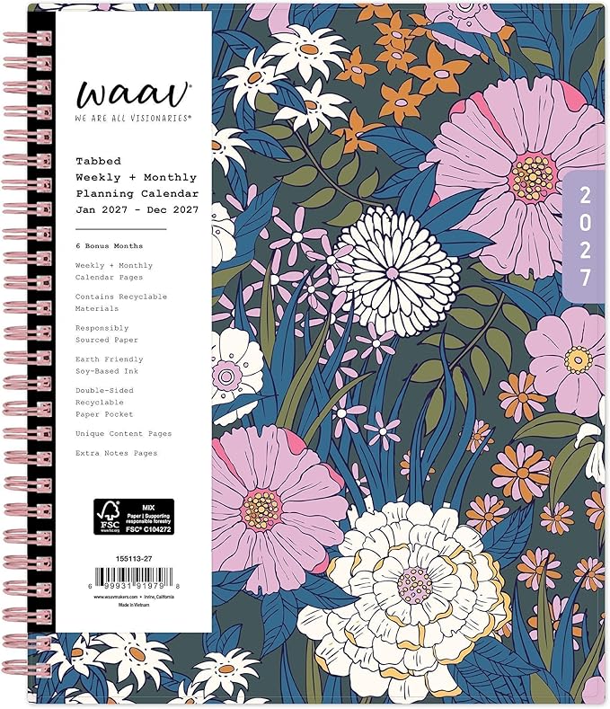 Blue Sky WAAV 2027 Weekly and Monthly Planner Calendar, January 2027 - December 2027, 7" x 9", Flexible Cover, Durable Twin Wire Binding, Laminated Tabs, Storage Pocket, Bailey
