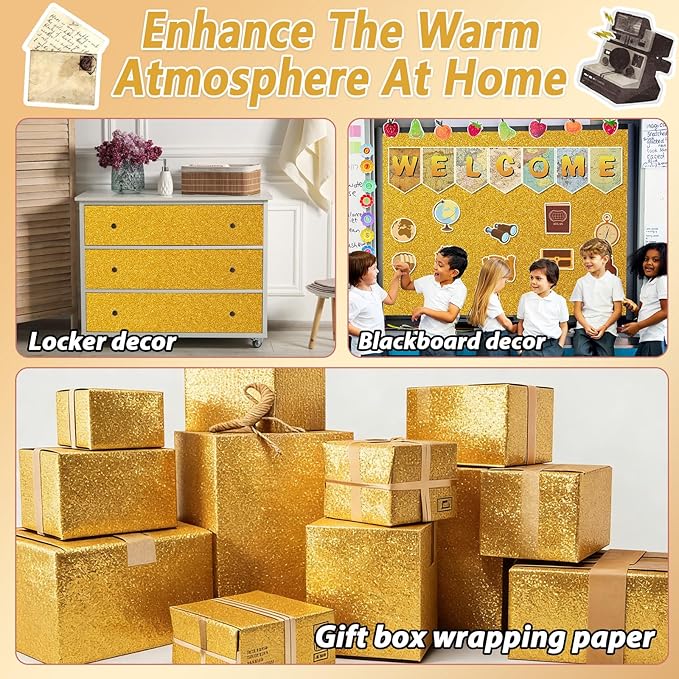 Glitter Bulletin Board Paper Roll Sparkle Wrapping Paper Bulletin Board Decor Glitter Poster Gift Wrapping DIY Art Crafts Wallpaper Background for Home Office Classroom Decoration 17" x 20ft, Gold