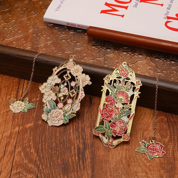 Metal Bookmarks - 2 Pack, Red & White Rose Designs, Perfect for Women Readers (BKM-043-001)