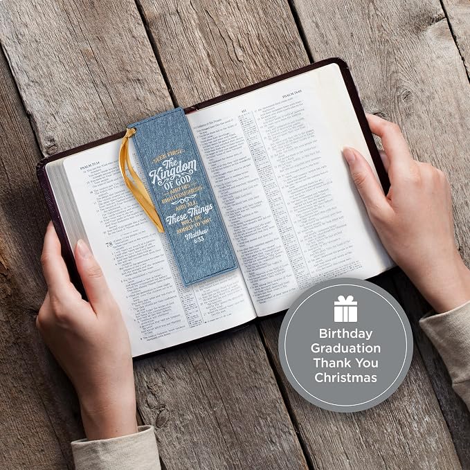 Christian Art Gifts Sparkly Metallic Blue Faux Leather Bookmark for Women: Seek First the Kingdom of God - Matthew 6:33 Inspirational Scripture Bible Verse for Reading Books w/Golden Satin Ribbon