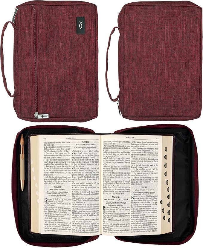 Christian Art Gifts Polyester Bible Cover for Men & Women w/Jesus Fish Patch, Secure Zipper Pocket, Pen Loops, Easy Carry Stationery Book Case, Accessories, Burgundy, XL