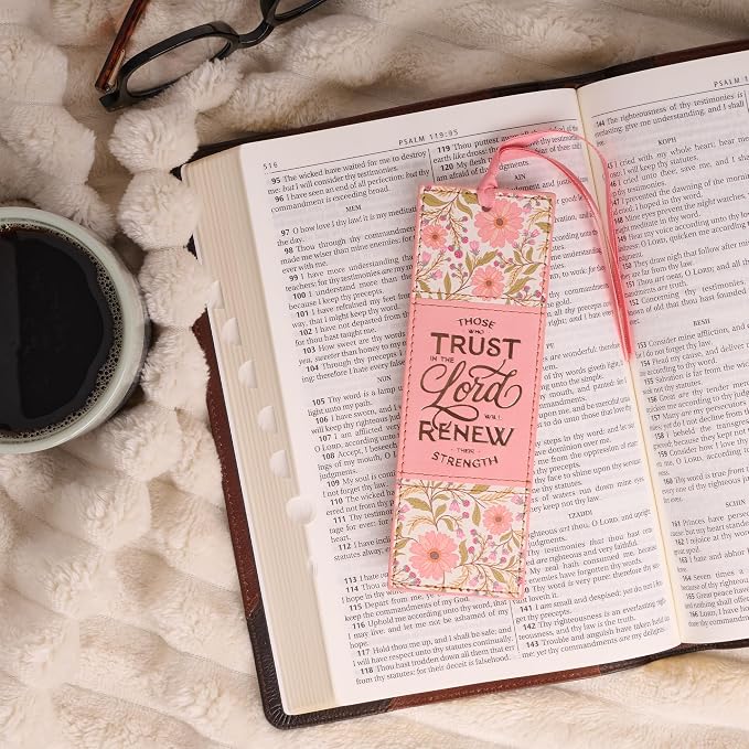 Christian Art Gifts Premium Faux Leather Inspirational Scripture Bookmark for Women: Trust in the Lord Encouraging Bible Verse, Multicolor Coral Pink Floral Design w/Gold, Cute Satin Ribbon Markers