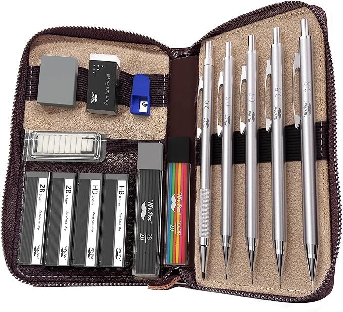 Mr. Pen- Metal Mechanical Pencil in Leather Case, 5 Pack, 5 Sizes, 0.3, 0.5, 0.7, 0.9 & 2mm, 6x Tubes Lead Refill, Erasers & Sharpener for School Supplies, Note Taking, Drawing, Sketching, Office
