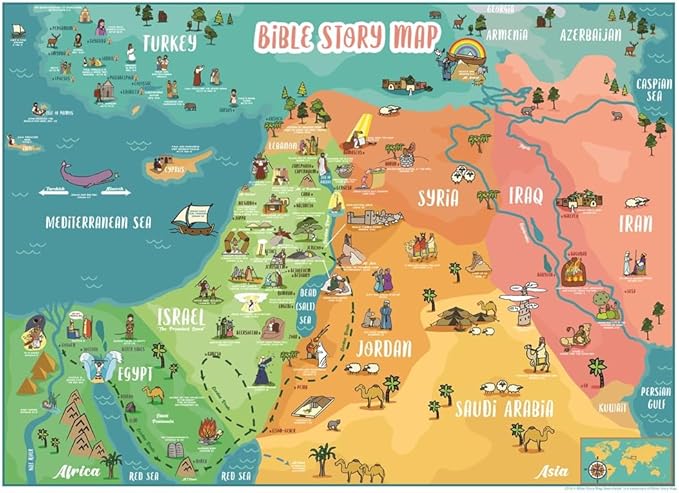 Bible Story Map Poster for Kids, Laminated 17.5" x 24" – 70+ Illustrated Bible Stories for Kids, Classroom & Homeschool, Bulletin Board, Sunday School Educational Wall Chart + 4 Printable Worksheets