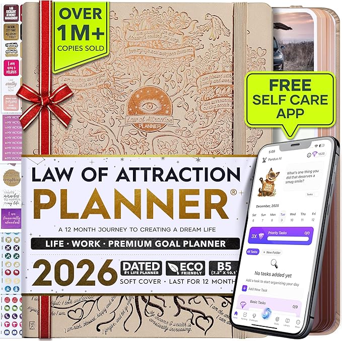 Deluxe 2026 Planner Weekly and Monthly | Law of Attraction Planner with Productivity App | 12-Month for Productivity, Gratitude & Goal Setting | Includes Foldable Vision Board, Gift Box & Stickers