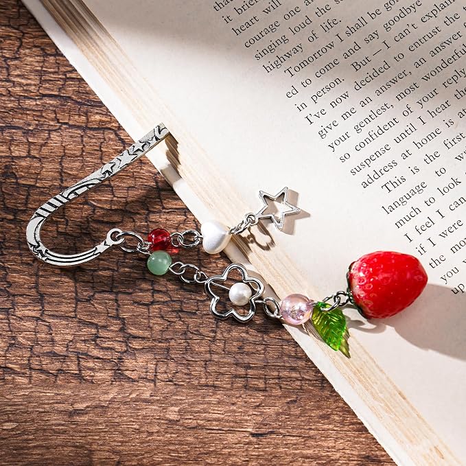 Unique Strawberry Bookmark Gift - Charm Pink Aesthetic Page Mark Cute Silver Chain Pendant Tassel Metal Bookmarks Reading Women Girl Friends Book Club Reader Birthday Valentines Retirement