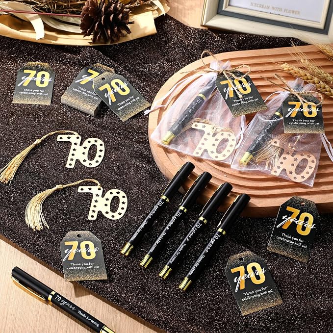 Spakon 50 Set 70th Birthday Party Favor for Guest Anniversary Party Favor Golden Birthday Bookmark Thanks Coming Pen with Tag Appreciation Gifts for Women Men Wedding Anniversary