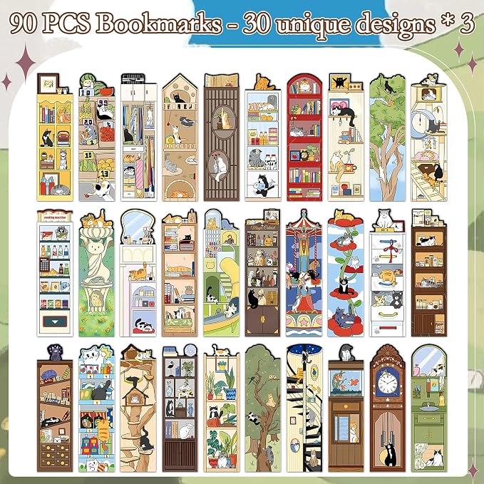 Wxiben Cat Bookshelf Bookmarks Gifts - 90 Pcs Cartoon Cats World Paper Bookmarks Book Marks Page Marker Clip Gift for Women Men Teachers Office Book Cat Lovers Bookish Reading Accessory