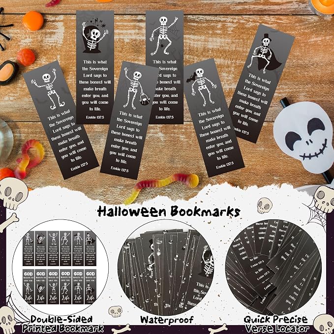TICIAGA Halloween Skeleton Bookmarks - 60Pcs Halloween Skull Bookmarks for Women, Double Sided Book Tracker Skeleton Page Marker for Book Lovers, Skull Christian Church Giveaways for Sunday School
