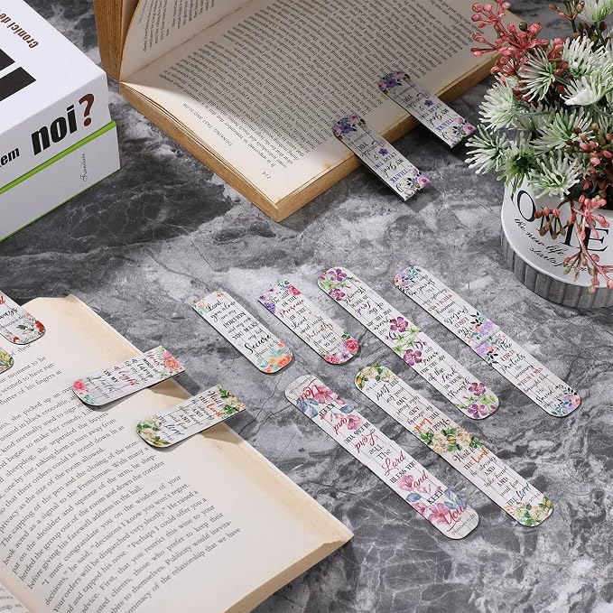 Zonon 48 Pcs Bible Verse Magnetic Christian Bookmarks, 0.8x4.7in Inspirational Scripture Book Marker for Women Men Mother Religious Motivational Flower Page Clips Book Lover Reading Gift(Floral Style)