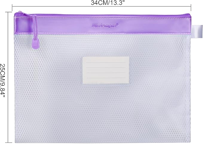 Wisdompro Zipper Pouch, 4 Packs Durable Letter Size Waterproof Mesh File Bag, Document Organizer - Purple/Yellow