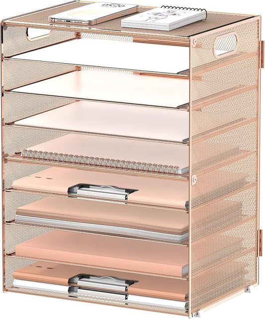 DALTACK 9-Tier Paper Organizer for Desk, Mesh Letter Tray Desk Organizer with Handles, Space-Saving File Organizer for Office Home School, Gold Rose