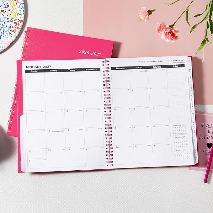 Monthly Planner 2026-2031 - 5 Year Planner/Calendar, 2026-2031 Monthly Calendar Planners Spiral Bound, Jul. 2026 - Jun. 2031, 9" x 11", Twin-Wire Binding + Tabs + Pocket - Rose Red