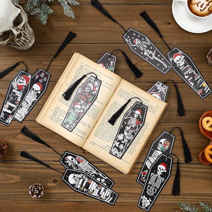 Kolldenn 120 Pcs 12 Styles Christmas Gothic Skeleton Coffin Bookmarks Double Sided Book Tracker Skull Horror Bookmark Gothic Book Marker with Black Tassels for Reading Lovers Gifts Accessories