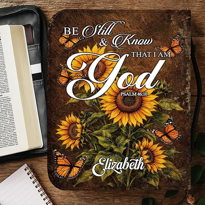 Custom Leather Bible Cover with Name – Personalized Bible Case for Women Zippered with Handle, Bookmark & Storage Pockets, Christian Gift for Mom, Daughter, Grandma (Be Still & Know, M-2XL)