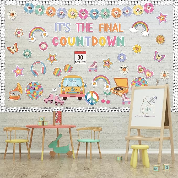 119Pcs Back to School Countdown Calendar Bulletin Board Set, Retro Groovy Happy Face Cutouts Classroom Decor Border Trims Welcome Back to School Chalkboard Supplies Wall Door Decor