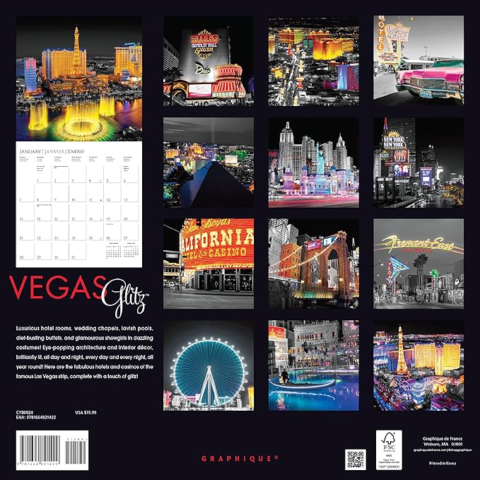 Graphique 2024 Vegas Glitz Wall Calendar | 12” x 12” | Thick Paper | Home & Office Organizer | Large Monthly Grid | 3 Languages & Marked Holidays | 4 Month Preview Page for 2025