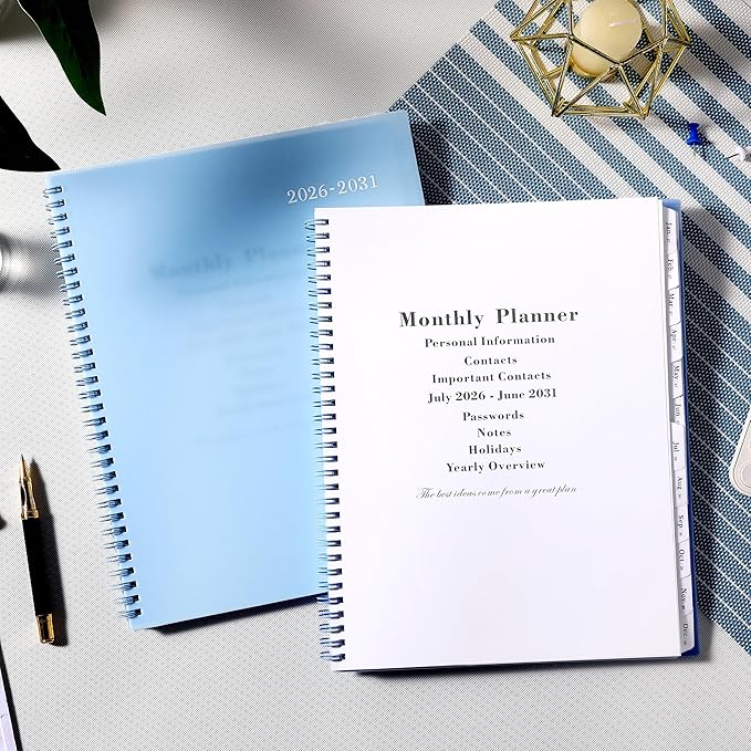 2026-2031 Monthly Planner/Calendar - 5 Year Planner, Jul. 2026 - Jun. 2031, 9" x 11", 5 Year Calendar Double-Side Pocket + Durable Polypropylene Cover - Light Blue