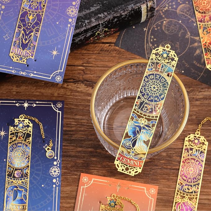 12 PCS Zodiac Theme Metal Bookmark for Women, Gold Hollow Astrology Bookmarks Set Funny Book Mark for Girls, Teenage, Student, Readers, Men, Horoscope Themed Gifts for Book Lovers, Birthday Present