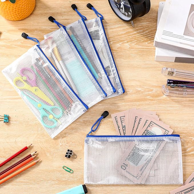 Sherr 120 Pcs Mesh Zipper Pouch A6 Pencil Pouches Bulk Small Clear Mesh Bags with Zipper 9.45'' x 4.53'' Waterproof File Bag Pencil Case for School Office Travel Organization(Blue)