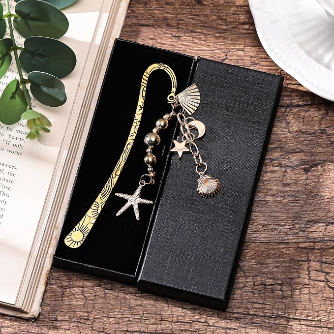 Charm Metal Bookmark Gifts - Seashell Starfish Book Marks for Reading Women Girls Funny Gold Y2k Beads Aesthetic Page Marker for Sea Ocean Lovers Birthday Students Teachers School Supplies