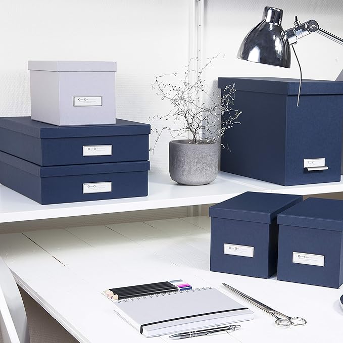Bigso Oskar Fiberboard Label Frame Document Letter Box - File Organizer Box for Important Paperwork - Document Storage with a Lid & Metal Label Window - 3.3 in x 10.2 in x 13.8 in - Dark Blue