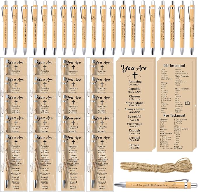 Haooryx Christian Bible Pen Bookmark - 20-Piece Christian Bible Verse Bamboo Inspirational Pens Bookmark Set You are Amazing Scripture Biblical Bookmark Church Multi-Item Party Favor Packs Gifts Bulk