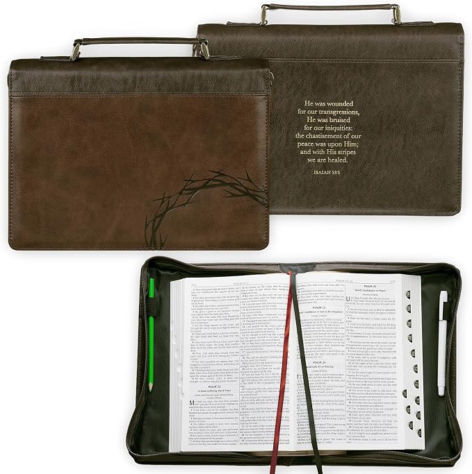 Christian Art Gifts Premium Vegan Leather Inspirational Bible Cover for Men & Women: Debossed Crown of Thorns Design, Inspiring Scripture, Easy Carry Zippered Case, Pen Loops, Pockets, Brown, Large