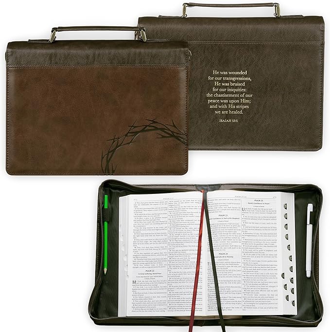Christian Art Gifts Premium Vegan Leather Inspirational Bible Cover for Men & Women: Debossed Crown of Thorns Design, Inspiring Scripture, Easy Carry Zippered Case, Pen Loops, Pockets, Brown, XL
