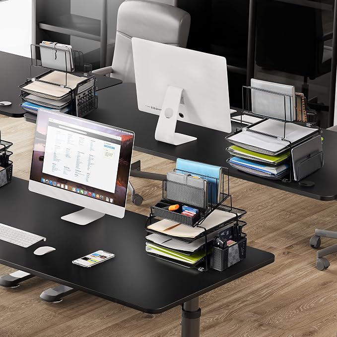 DESIGNA Stackable Mesh Desk Organizer with 3 Sliding Letter Tray Drawers, 4 File Holders Sorter Section, 2 Side Compartments, Pencil Holder Non-slip All In One Desktop Organizers Office Storage, Black